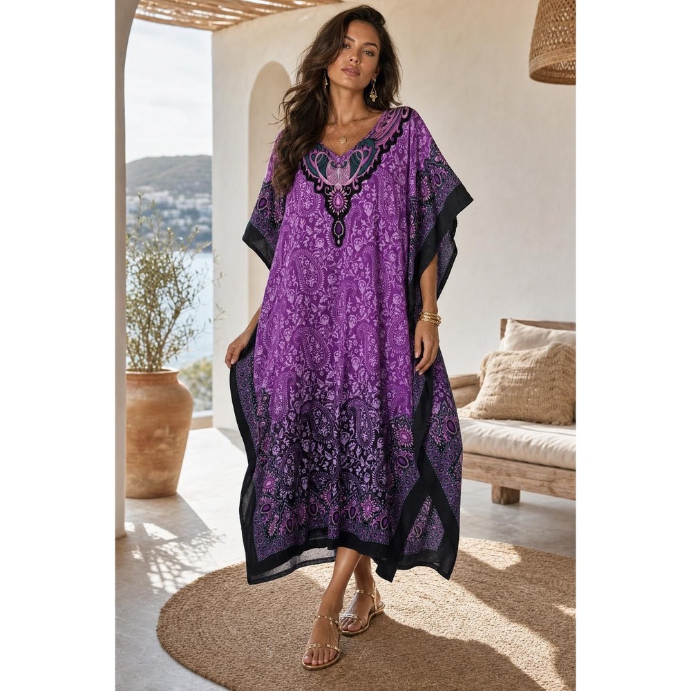Miss Lavish London Caftan Dress Womens One Size OS Purple Paisley Boho Resort